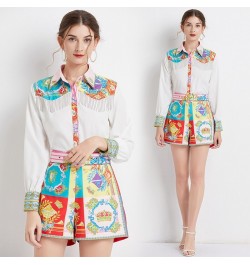 Outfits 2pcs Sets Spring Summer Vintage Floral Print Collar Long Sleeve Women Ladies Top Shirt Blouse Shorts Suits $47.02 - S...