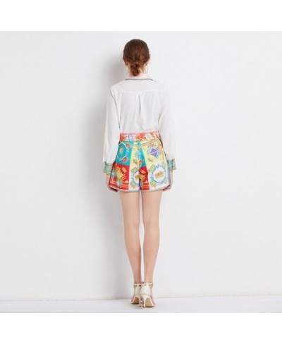 Outfits 2pcs Sets Spring Summer Vintage Floral Print Collar Long Sleeve Women Ladies Top Shirt Blouse Shorts Suits $47.02 - S...