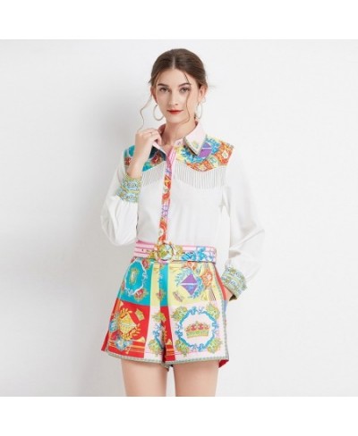 Outfits 2pcs Sets Spring Summer Vintage Floral Print Collar Long Sleeve Women Ladies Top Shirt Blouse Shorts Suits $47.02 - S...