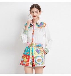 Outfits 2pcs Sets Spring Summer Vintage Floral Print Collar Long Sleeve Women Ladies Top Shirt Blouse Shorts Suits $47.02 - S...