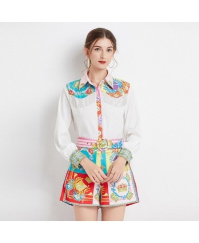 Outfits 2pcs Sets Spring Summer Vintage Floral Print Collar Long Sleeve Women Ladies Top Shirt Blouse Shorts Suits $47.02 - S...