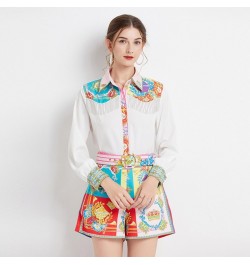 Outfits 2pcs Sets Spring Summer Vintage Floral Print Collar Long Sleeve Women Ladies Top Shirt Blouse Shorts Suits $47.02 - S...