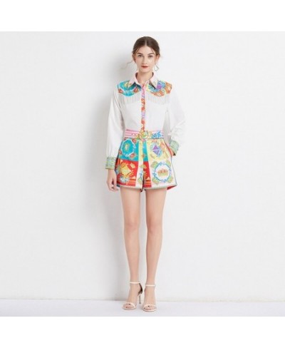 Outfits 2pcs Sets Spring Summer Vintage Floral Print Collar Long Sleeve Women Ladies Top Shirt Blouse Shorts Suits $47.02 - S...