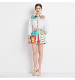 Outfits 2pcs Sets Spring Summer Vintage Floral Print Collar Long Sleeve Women Ladies Top Shirt Blouse Shorts Suits $47.02 - S...