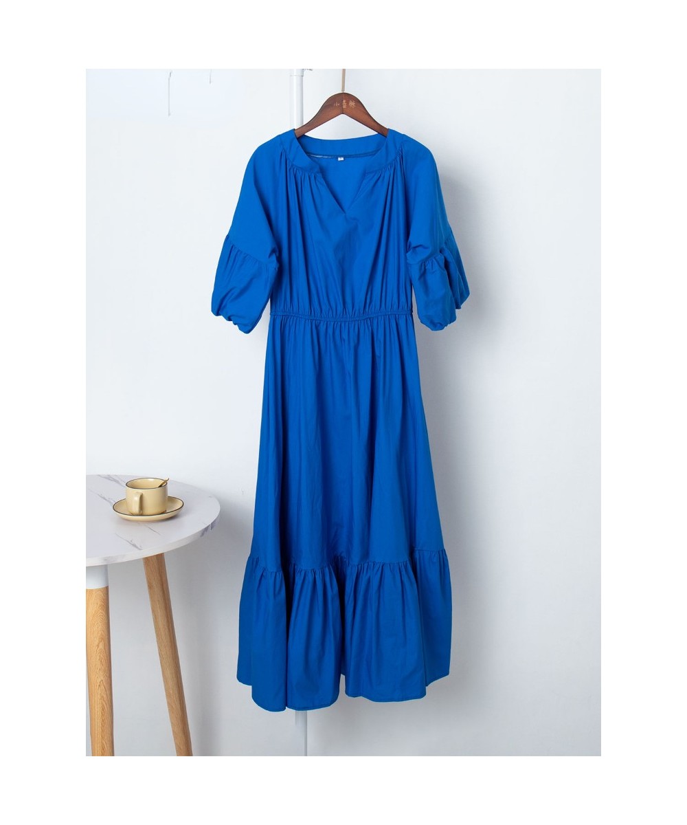 Elegant Long Cotton Dress Summer Lantern Half Sleeve V-Neck Office Party Dress Lady A-Line Spliced Ruffled Dress $53.14 - Dre...