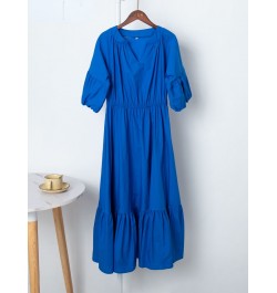 Elegant Long Cotton Dress Summer Lantern Half Sleeve V-Neck Office Party Dress Lady A-Line Spliced Ruffled Dress $53.14 - Dre...