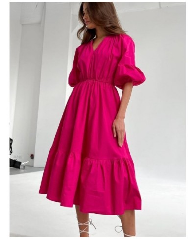 Elegant Long Cotton Dress Summer Lantern Half Sleeve V-Neck Office Party Dress Lady A-Line Spliced Ruffled Dress $53.14 - Dre...