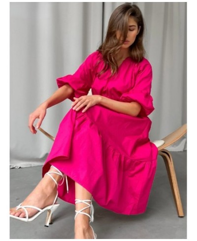 Elegant Long Cotton Dress Summer Lantern Half Sleeve V-Neck Office Party Dress Lady A-Line Spliced Ruffled Dress $53.14 - Dre...