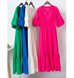 Elegant Long Cotton Dress Summer Lantern Half Sleeve V-Neck Office Party Dress Lady A-Line Spliced Ruffled Dress $53.14 - Dre...