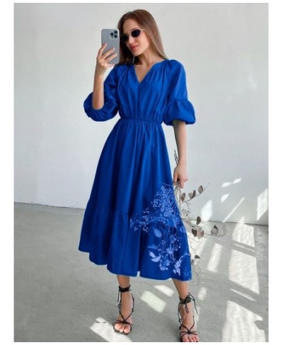 Elegant Long Cotton Dress Summer Lantern Half Sleeve V-Neck Office Party Dress Lady A-Line Spliced Ruffled Dress $53.14 - Dre...