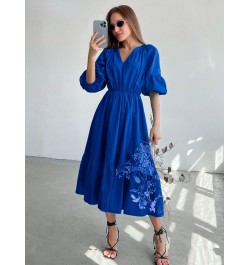 Elegant Long Cotton Dress Summer Lantern Half Sleeve V-Neck Office Party Dress Lady A-Line Spliced Ruffled Dress $53.14 - Dre...