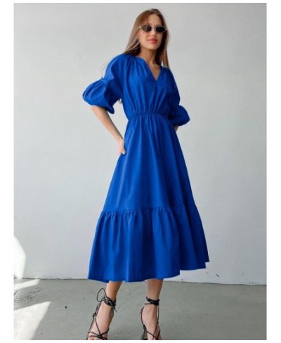 Elegant Long Cotton Dress Summer Lantern Half Sleeve V-Neck Office Party Dress Lady A-Line Spliced Ruffled Dress $53.14 - Dre...