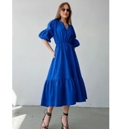 Elegant Long Cotton Dress Summer Lantern Half Sleeve V-Neck Office Party Dress Lady A-Line Spliced Ruffled Dress $53.14 - Dre...