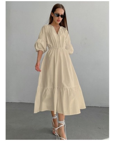 Elegant Long Cotton Dress Summer Lantern Half Sleeve V-Neck Office Party Dress Lady A-Line Spliced Ruffled Dress $53.14 - Dre...