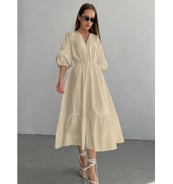 Elegant Long Cotton Dress Summer Lantern Half Sleeve V-Neck Office Party Dress Lady A-Line Spliced Ruffled Dress $53.14 - Dre...