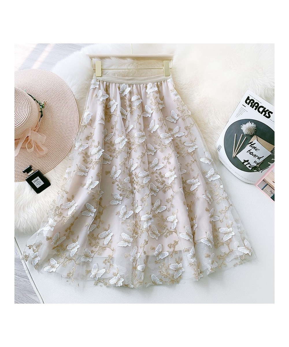 Vintage Embroidery Tulle Skirt Women Elegant Design A-Line High Waist Long Pleated Skirt Female Sweet Butterfly Mesh Tutu $42...