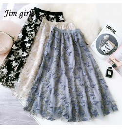 Vintage Embroidery Tulle Skirt Women Elegant Design A-Line High Waist Long Pleated Skirt Female Sweet Butterfly Mesh Tutu $42...