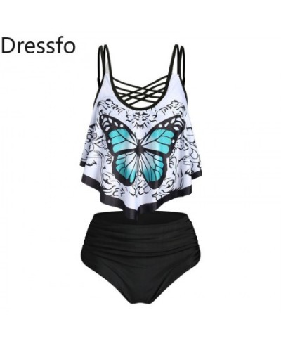 Dressfo Gothic Tankini Bikini Set Ruffle Butterfly Print Bathing Suit Crisscross Tummy Control Swimwear Swimsuit Woman 2023 N...