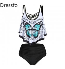 Dressfo Gothic Tankini Bikini Set Ruffle Butterfly Print Bathing Suit Crisscross Tummy Control Swimwear Swimsuit Woman 2023 N...