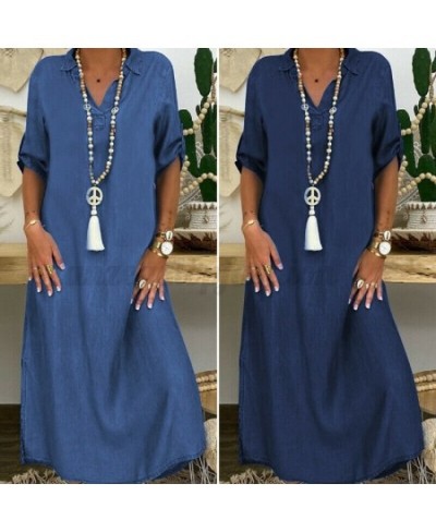 Summer Loose Denim Dress Casual V Neck Half SLeeve Side Split Long Maxi Beachwear Party Jean Dresses SFM-DL0278 $42.77 - Dresses