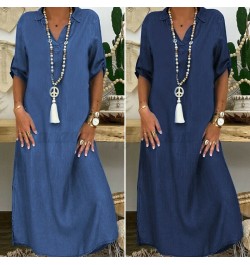 Summer Loose Denim Dress Casual V Neck Half SLeeve Side Split Long Maxi Beachwear Party Jean Dresses SFM-DL0278 $42.77 - Dresses