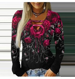 Vintage Rose Print Blouse Womens Casual Long Sleeve Flower Printed Shirt V Neck Slim Fit Tee Shirt Top Tunic Blouse Chemise $...