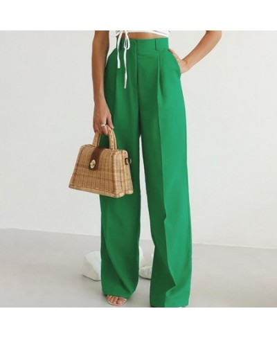 Office Lady Trousers High Waist Elegant Green All-Match Wide Leg Pants Women Full Length Pleated Street Pants 2023 Summer Tre...