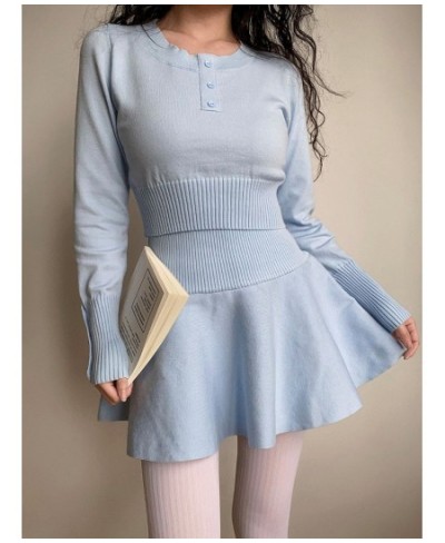 Women's Knitted Skirt Suits Elegant Solid Casual Long Sleeve Cropped Pullover Tops and A-line Mini Skirt Two Piece Set 투피스 $7...