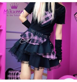 Harajuku Girls Black Pink Lace Metal Chain Rock Punk Skirts Women Gothic Lolita High Waist Cake Mini Skirts Y2K Streetwear $5...