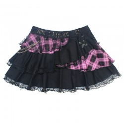 Harajuku Girls Black Pink Lace Metal Chain Rock Punk Skirts Women Gothic Lolita High Waist Cake Mini Skirts Y2K Streetwear $5...