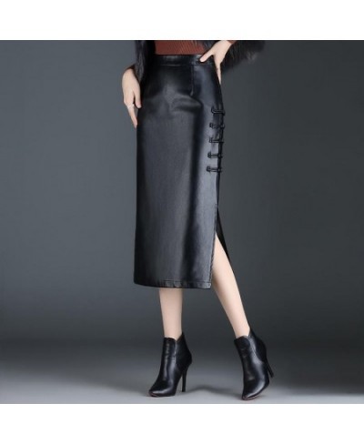 Fashion Winter Autumn Women's Faux Leather Midi Skirt High Waist Slim Black Solid Color Side Slit Bodycon Straight Skirt Kore...