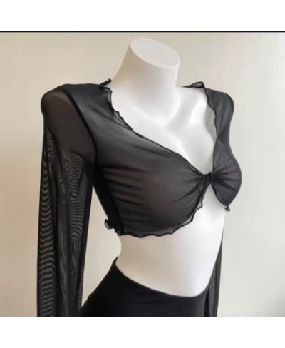 Women Sexy See Through Solid Summer Sunscreen Cardigans Long Sleeve Mesh Vintage Lace Up Crop Tops Streetwear Short Cardigans...