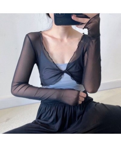 Women Sexy See Through Solid Summer Sunscreen Cardigans Long Sleeve Mesh Vintage Lace Up Crop Tops Streetwear Short Cardigans...