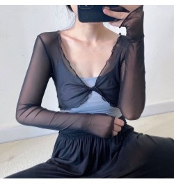 Women Sexy See Through Solid Summer Sunscreen Cardigans Long Sleeve Mesh Vintage Lace Up Crop Tops Streetwear Short Cardigans...