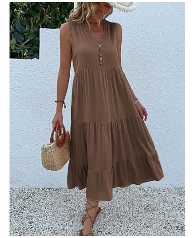 Casual Summer Midi Dress Women Sleeveless Tank V Neck Buttons Ruffle Loose Dresses Beach Soild Sundress Fashion $45.53 - Dresses