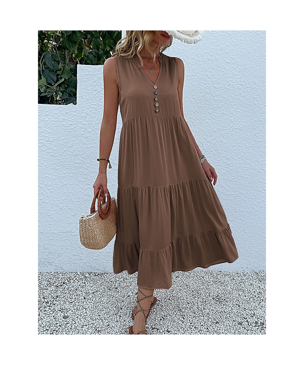 Casual Summer Midi Dress Women Sleeveless Tank V Neck Buttons Ruffle Loose Dresses Beach Soild Sundress Fashion $45.53 - Dresses