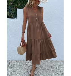 Casual Summer Midi Dress Women Sleeveless Tank V Neck Buttons Ruffle Loose Dresses Beach Soild Sundress Fashion $45.53 - Dresses