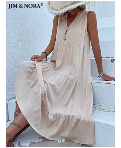 Casual Summer Midi Dress Women Sleeveless Tank V Neck Buttons Ruffle Loose Dresses Beach Soild Sundress Fashion $45.53 - Dresses