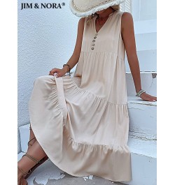 Casual Summer Midi Dress Women Sleeveless Tank V Neck Buttons Ruffle Loose Dresses Beach Soild Sundress Fashion $45.53 - Dresses