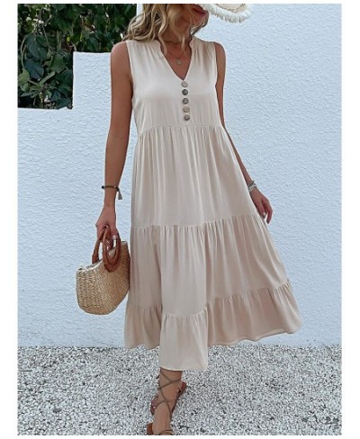 Casual Summer Midi Dress Women Sleeveless Tank V Neck Buttons Ruffle Loose Dresses Beach Soild Sundress Fashion $45.53 - Dresses