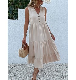 Casual Summer Midi Dress Women Sleeveless Tank V Neck Buttons Ruffle Loose Dresses Beach Soild Sundress Fashion $45.53 - Dresses