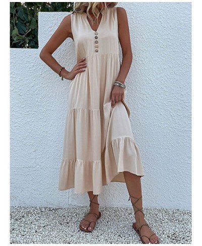 Casual Summer Midi Dress Women Sleeveless Tank V Neck Buttons Ruffle Loose Dresses Beach Soild Sundress Fashion $45.53 - Dresses