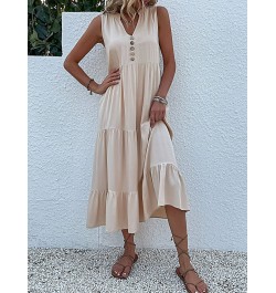 Casual Summer Midi Dress Women Sleeveless Tank V Neck Buttons Ruffle Loose Dresses Beach Soild Sundress Fashion $45.53 - Dresses