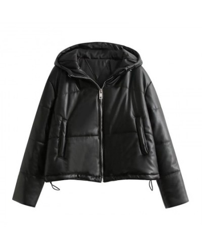 2022 Women's Winter Jacket Fashion Streetwear Faux Leather Hooded Parkas Thicken Vintage Black Coats Warm Loose Outwear $80.2...