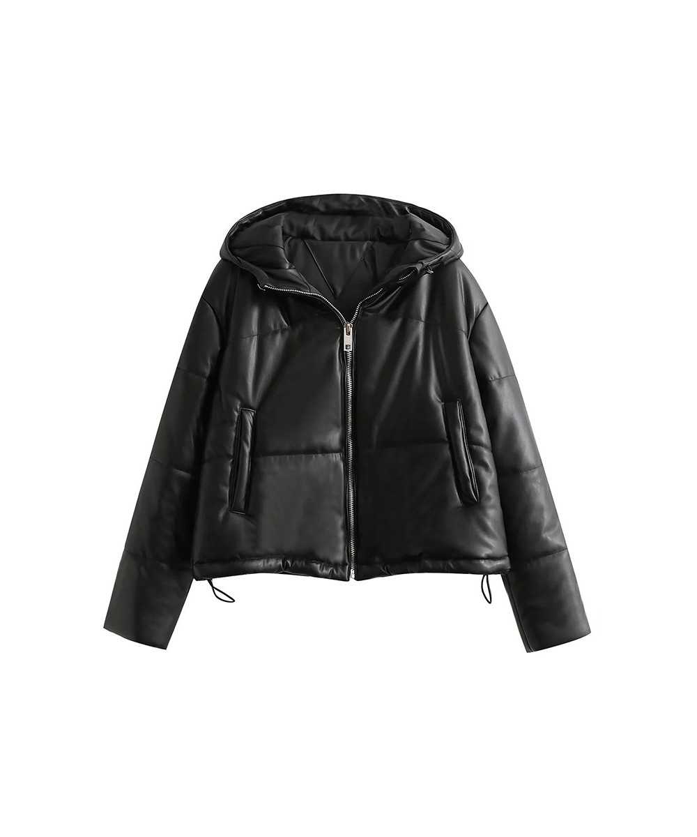 2022 Women's Winter Jacket Fashion Streetwear Faux Leather Hooded Parkas Thicken Vintage Black Coats Warm Loose Outwear $80.2...