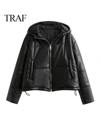 2022 Women's Winter Jacket Fashion Streetwear Faux Leather Hooded Parkas Thicken Vintage Black Coats Warm Loose Outwear $80.2...