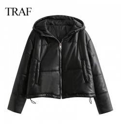 2022 Women's Winter Jacket Fashion Streetwear Faux Leather Hooded Parkas Thicken Vintage Black Coats Warm Loose Outwear $80.2...