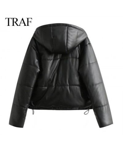 2022 Women's Winter Jacket Fashion Streetwear Faux Leather Hooded Parkas Thicken Vintage Black Coats Warm Loose Outwear $80.2...