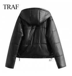 2022 Women's Winter Jacket Fashion Streetwear Faux Leather Hooded Parkas Thicken Vintage Black Coats Warm Loose Outwear $80.2...