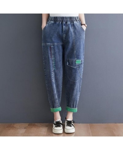 New Jeans 2023 Women's Spring Fashion Loose High Waist Elastic Waist Embroidery Ankle-length Pants Casual All-match Harem Pan...